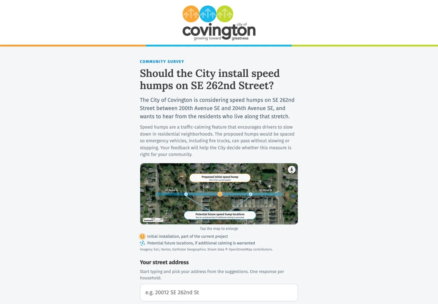 The City of Covington speed hump survey at desktop width: the question, a short description and the annotated aerial map