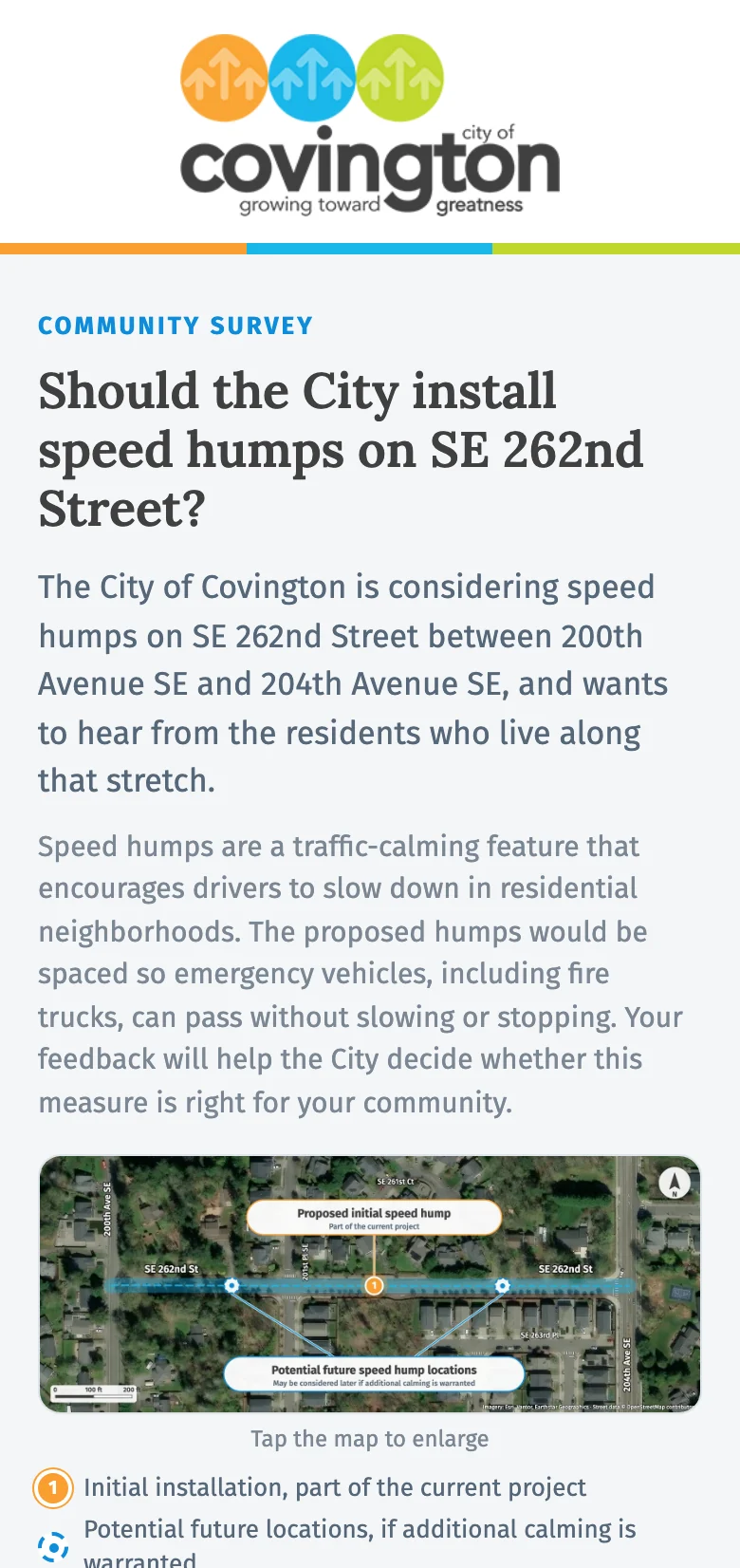 The top of the survey at phone width, with the City of Covington logo, the question and the start of the description