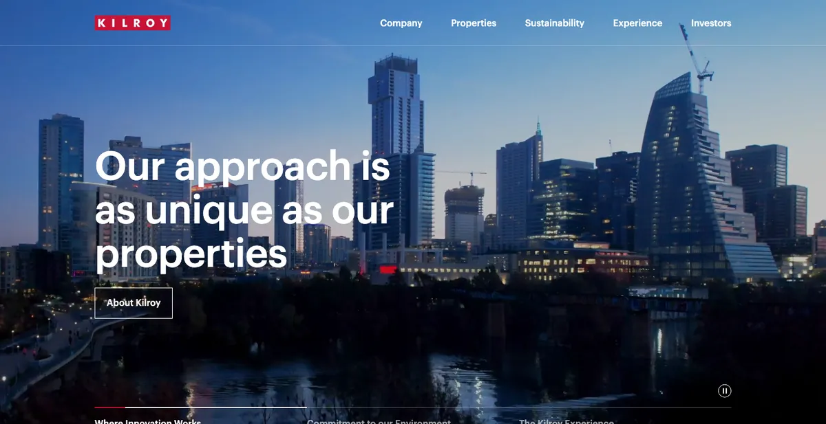 Homepage of the Kilroy Realty website