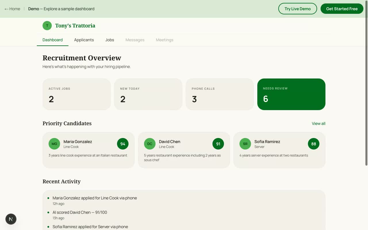 Sample employer dashboard showing AI interview summaries for human review