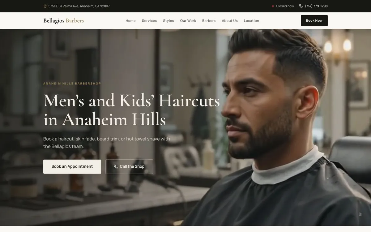 Homepage of the Bellagios Barbers website
