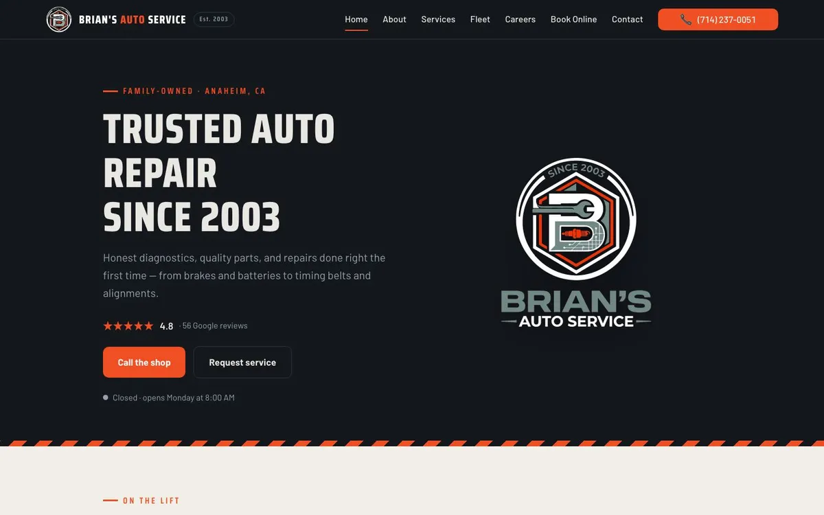 Homepage of the Brian's Auto Service website