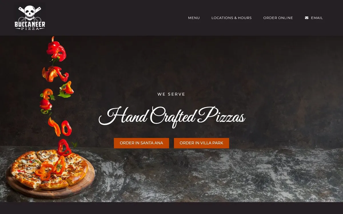 Homepage of the Buccaneer Pizza website