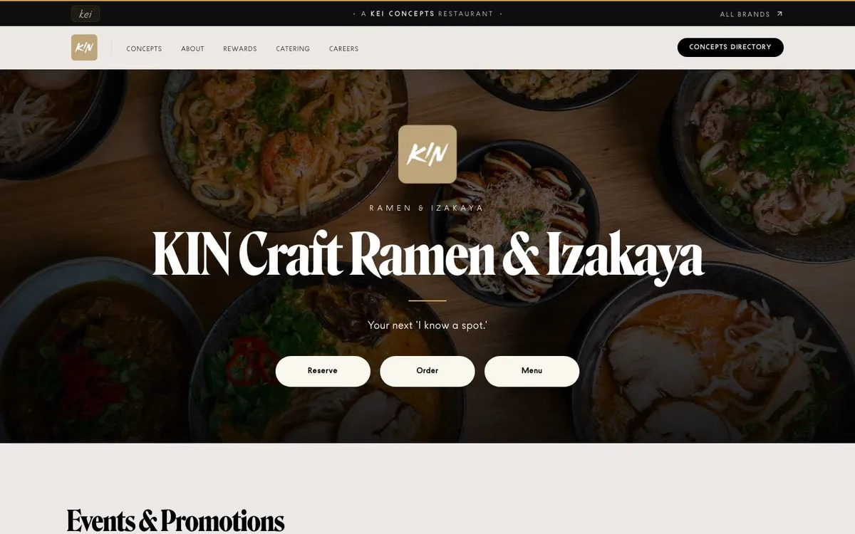 Homepage of the KIN Craft Ramen & Izakaya website