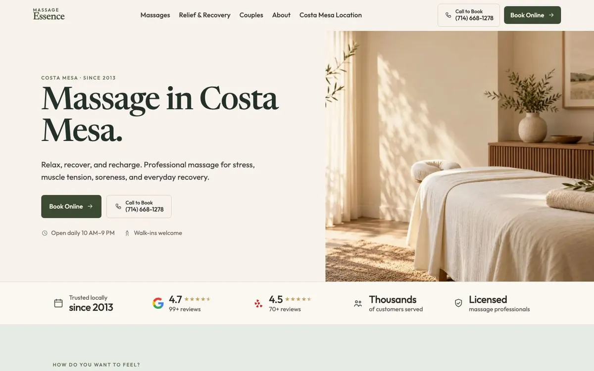Homepage of the Massage Essence website