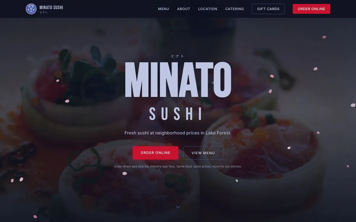 Homepage of the Minato Sushi website