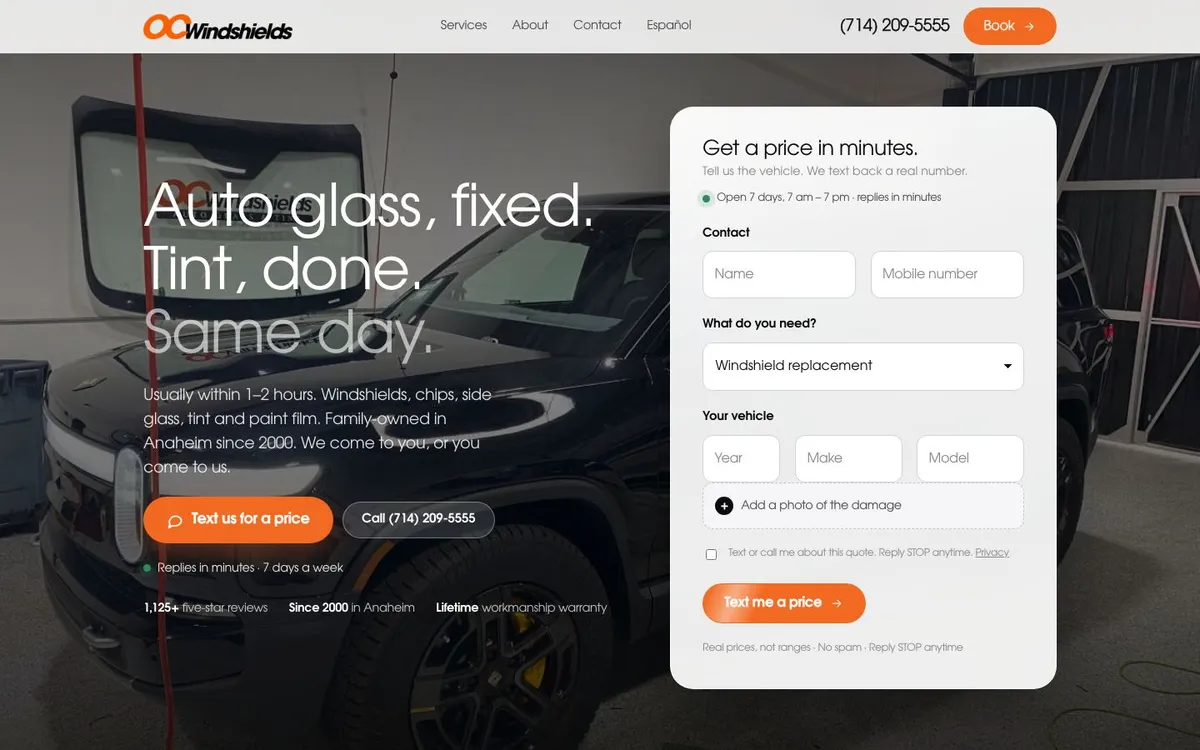 Homepage of the OC Windshields website
