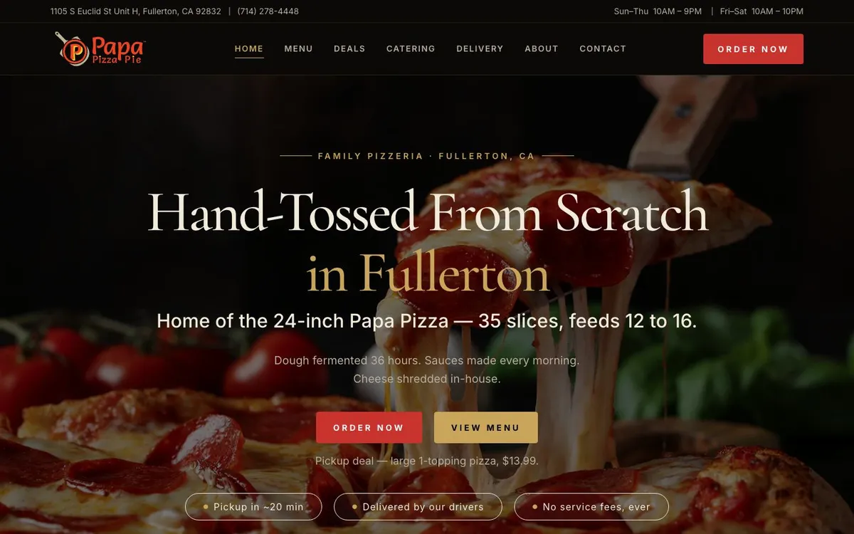 Homepage of the Papa Pizza Pie website