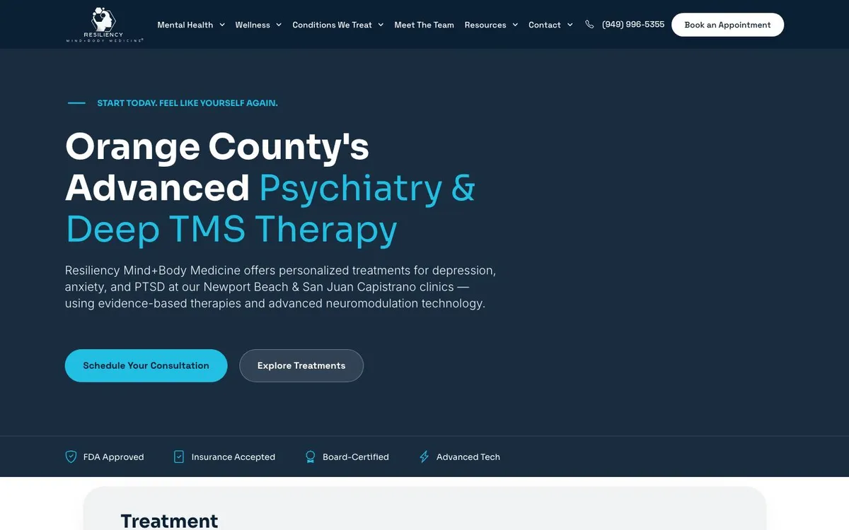 Homepage of the Resiliency Mind+Body Medicine website