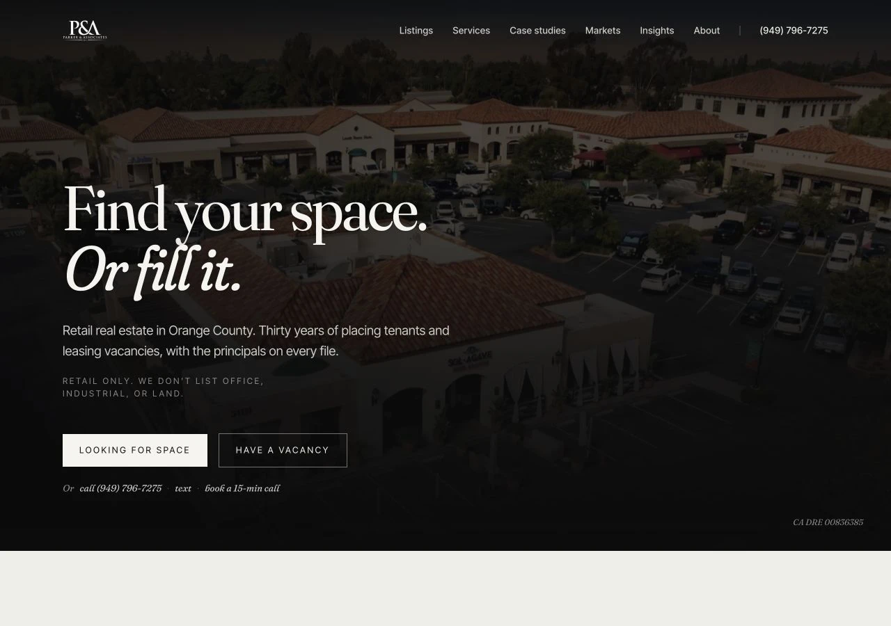 Parker & Associates, Inc. website with brokerage and property information