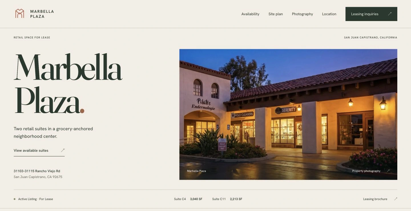 Marbella Plaza property website, updated property website preview, shown in a studio mockup