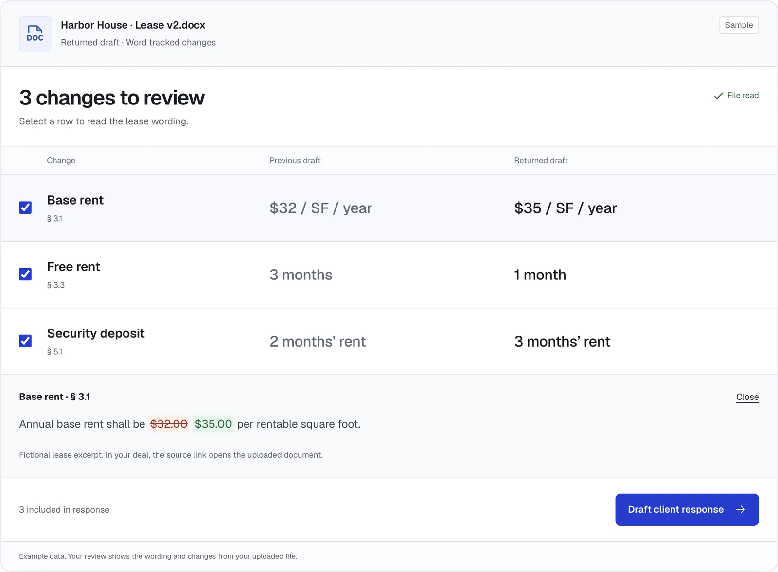 CRE Redline review screen: three tracked lease changes with the previous and returned drafts and the redlined wording
