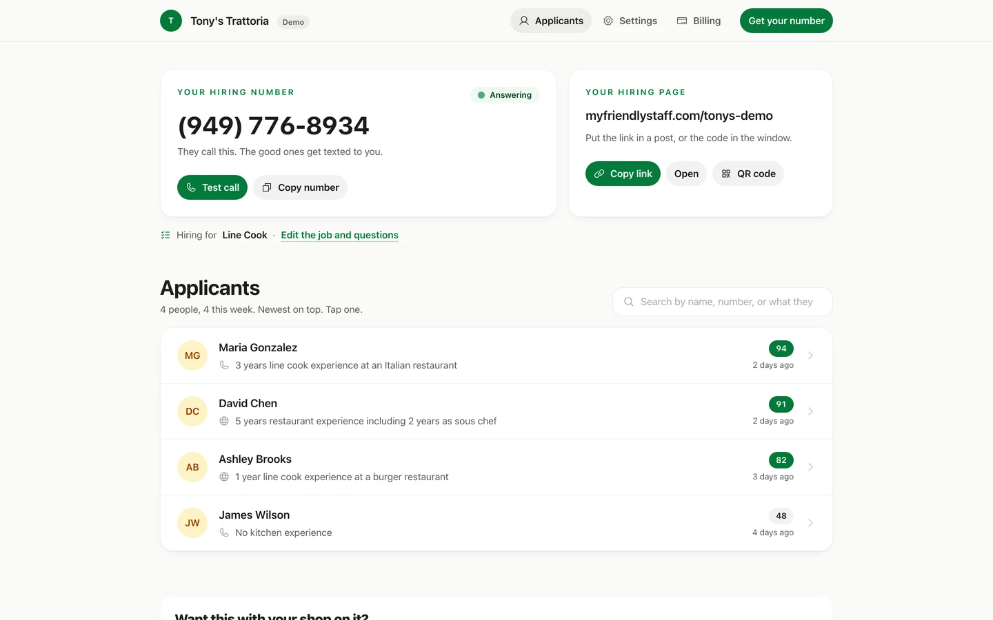 My Friendly Staff dashboard: the hiring number, the hiring page, and applicants ranked by score