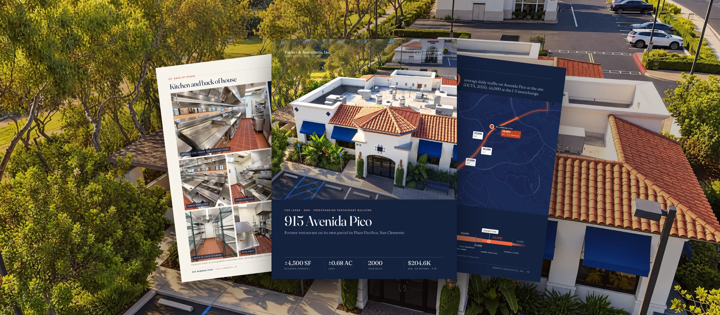 915 Avenida Pico leasing brochure pages over the aerial photograph of the building