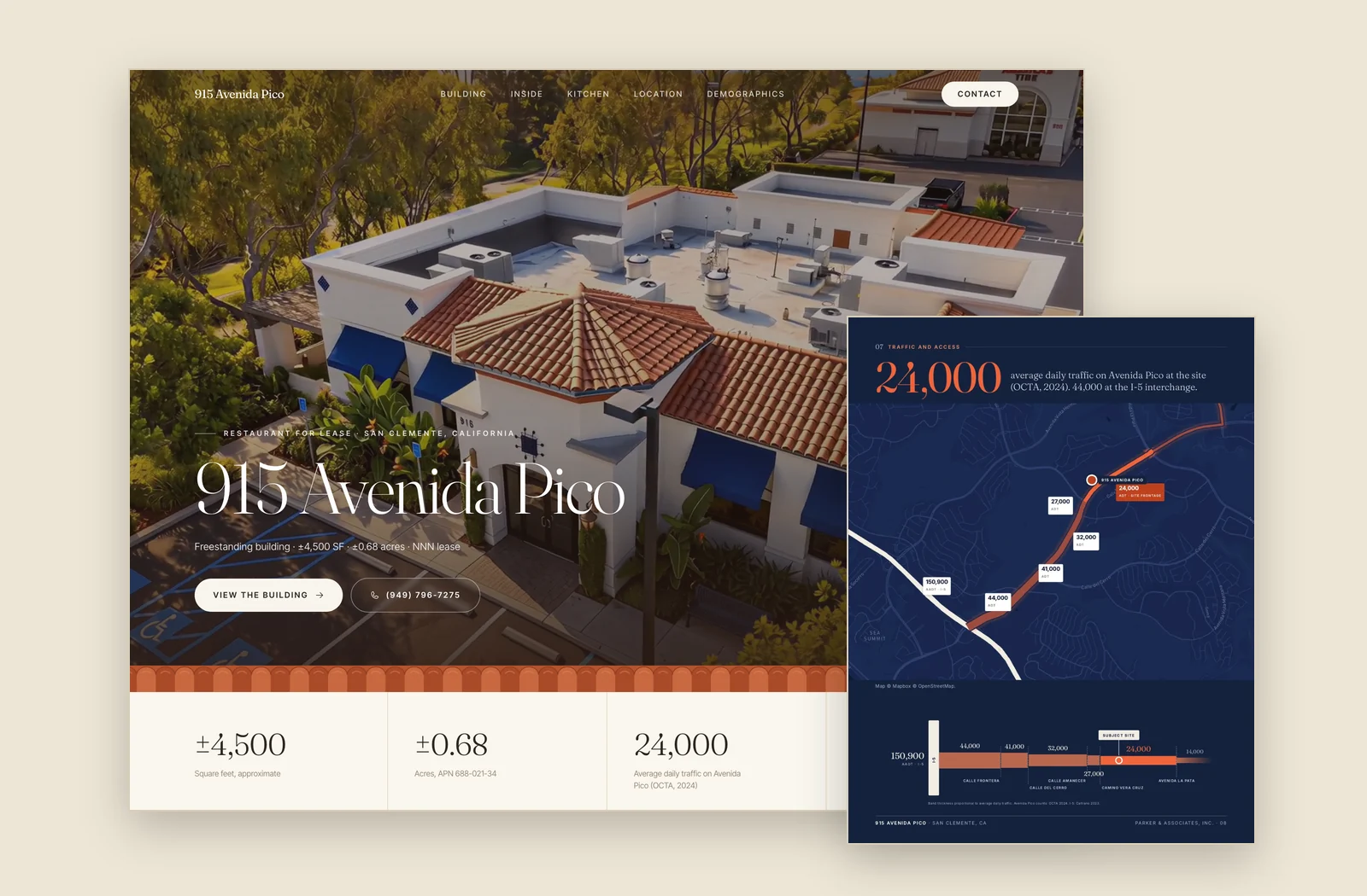 915 Avenida Pico property website, with the traffic page of its leasing brochure