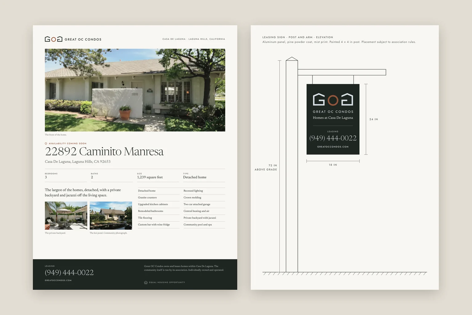 Great OC Condos property sheet and leasing sign, concept applications of the identity