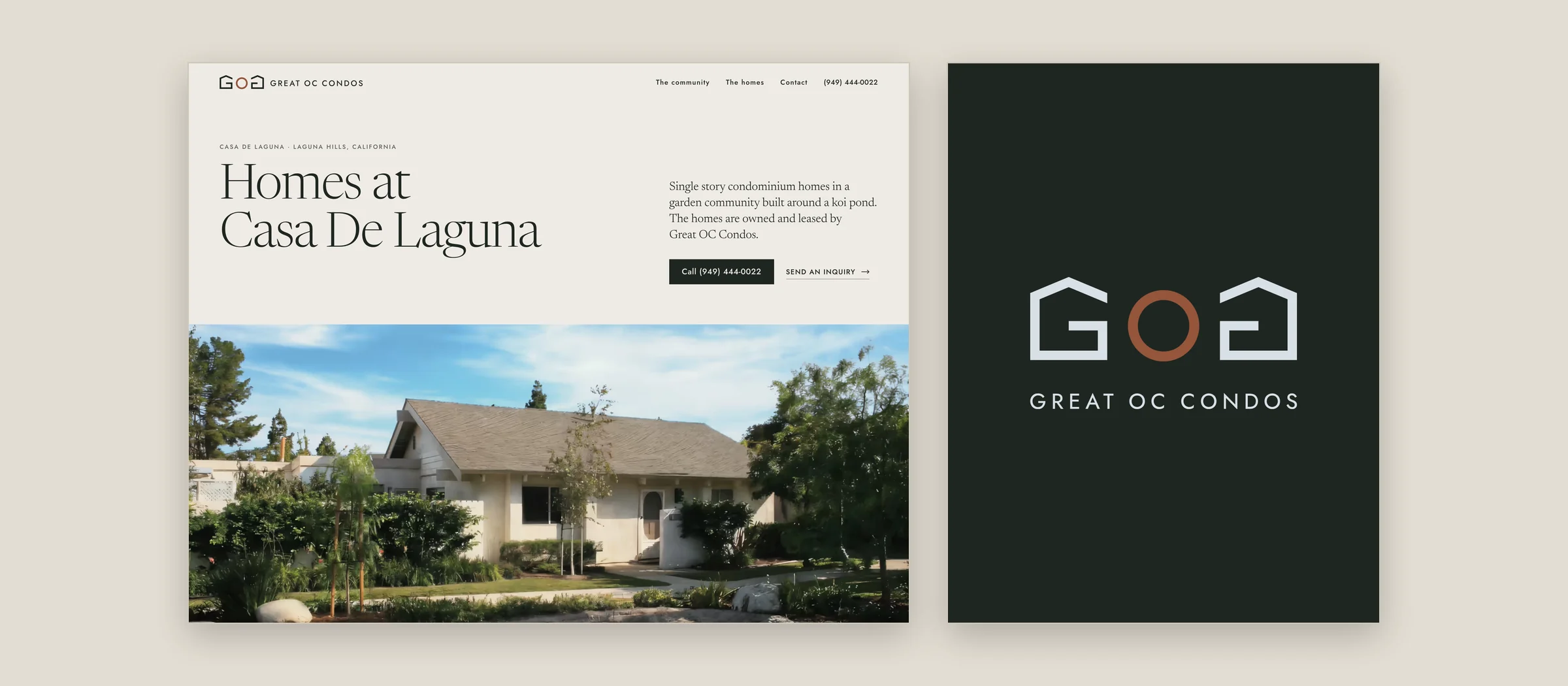 Great OC Condos website beside the identity on pine