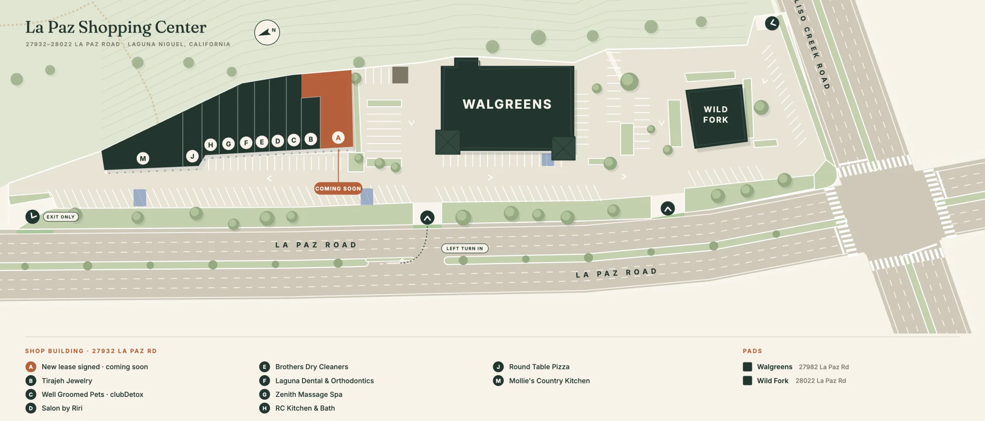 Redrawn site plan of La Paz Shopping Center with suites A to M, Walgreens, Wild Fork and the La Paz Road and Aliso Creek Road intersection
