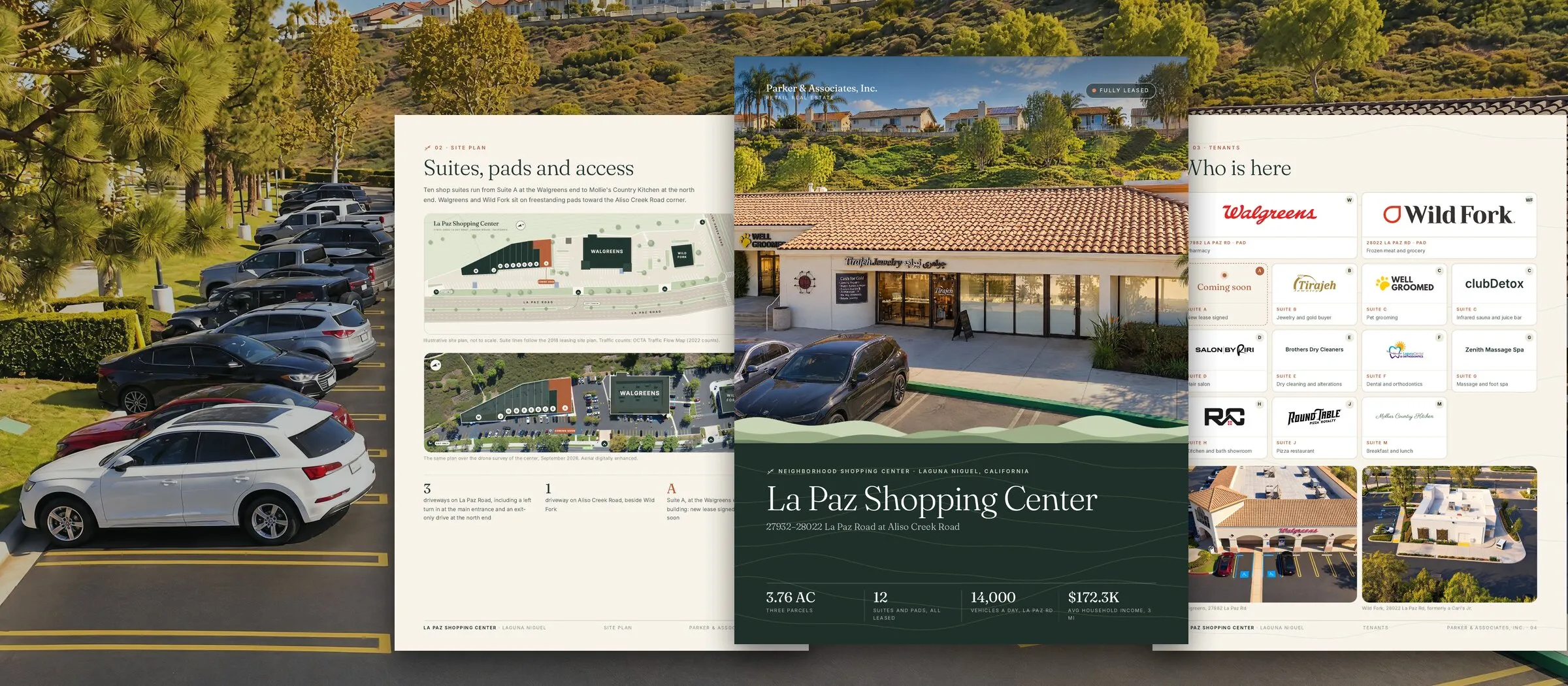 La Paz Shopping Center brochure pages over a photograph of the center