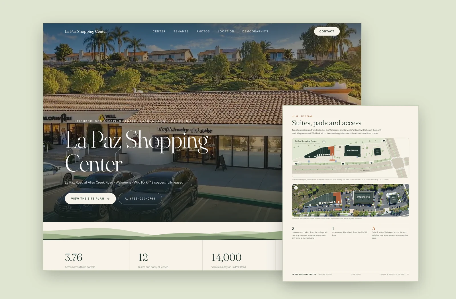 La Paz Shopping Center website, beside the site plan page of its leasing brochure