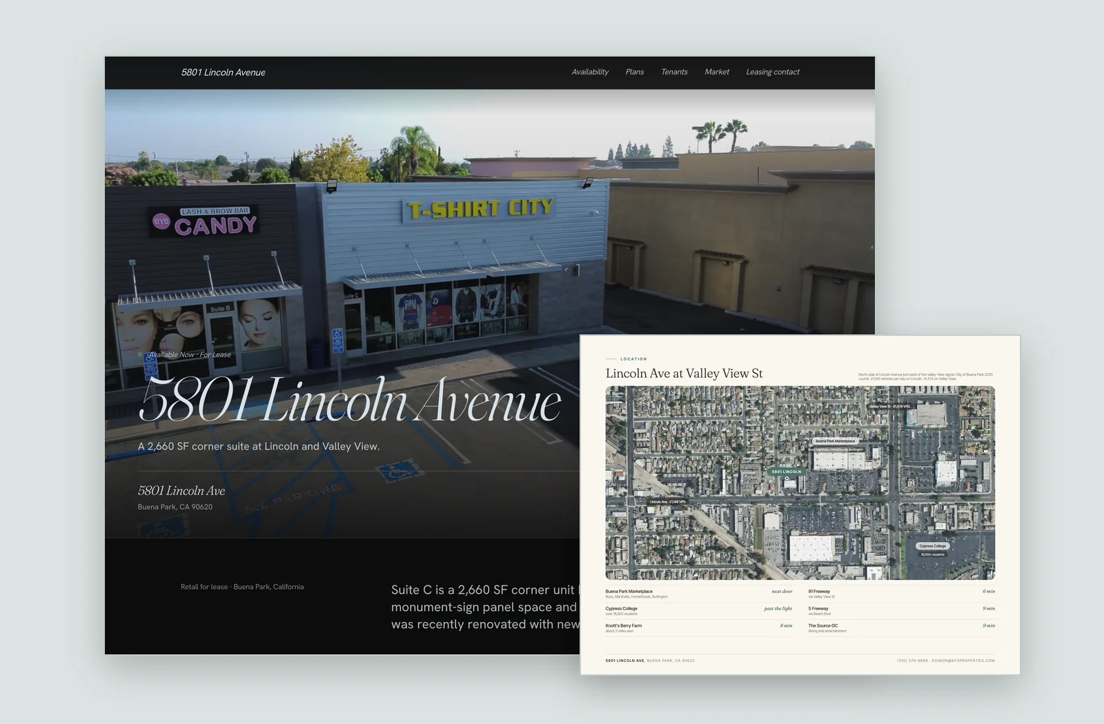 5801 Lincoln property website, with the location page of its leasing brochure