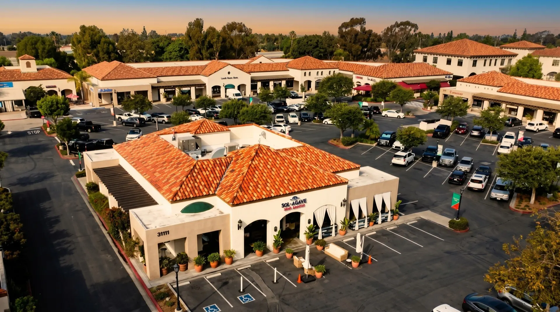 Aerial view of Marbella Plaza in San Juan Capistrano