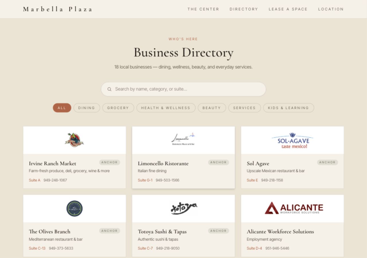 Completed Marbella Plaza directory website designed by Endcap