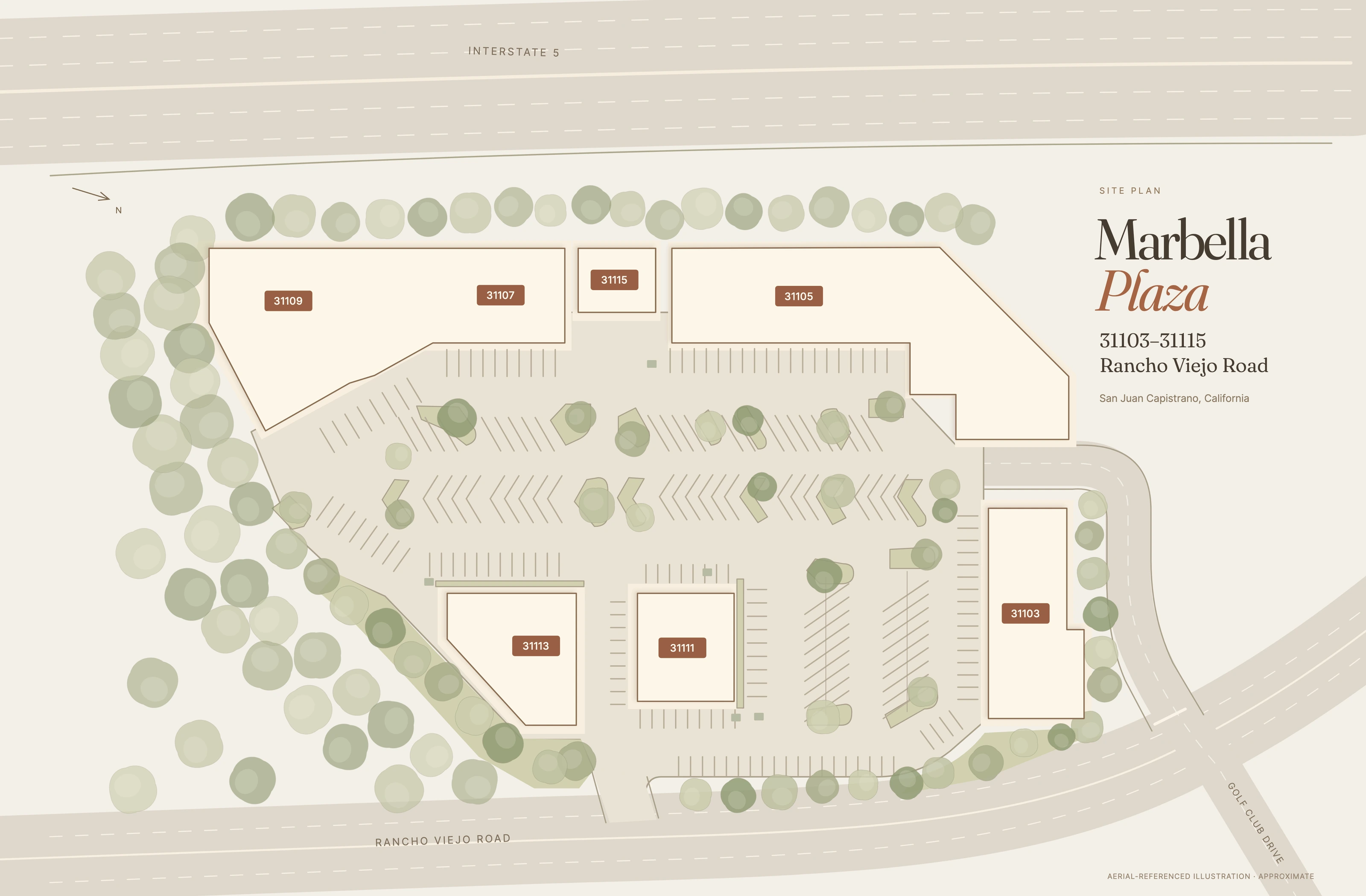 Marbella Plaza site plan showing building addresses, parking, and access