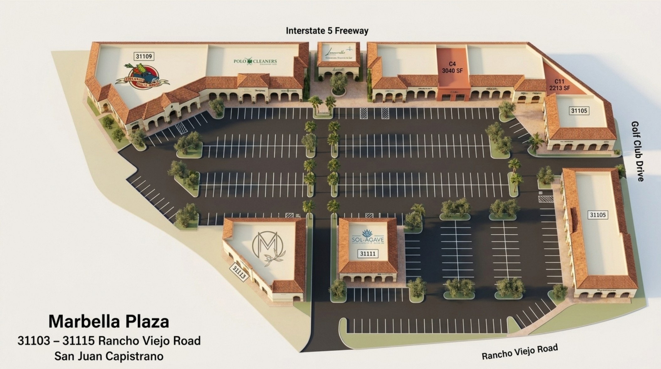 Marbella Plaza rendered 3D site plan — 27 suites, parking field, and frontage on Rancho Viejo Road and the I-5