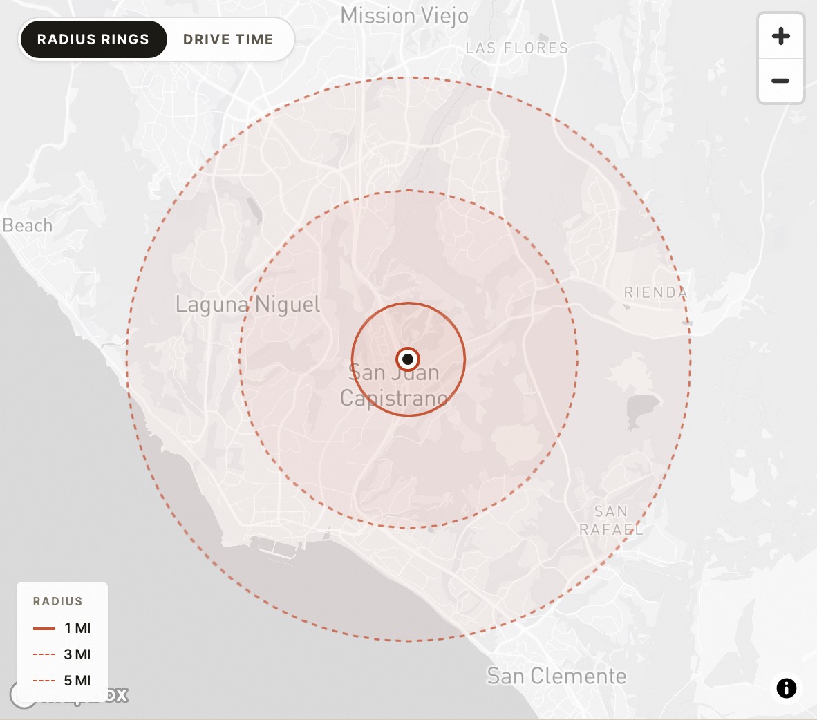 Marbella Plaza trade area — 1, 3 and 5-mile radius rings over San Juan Capistrano