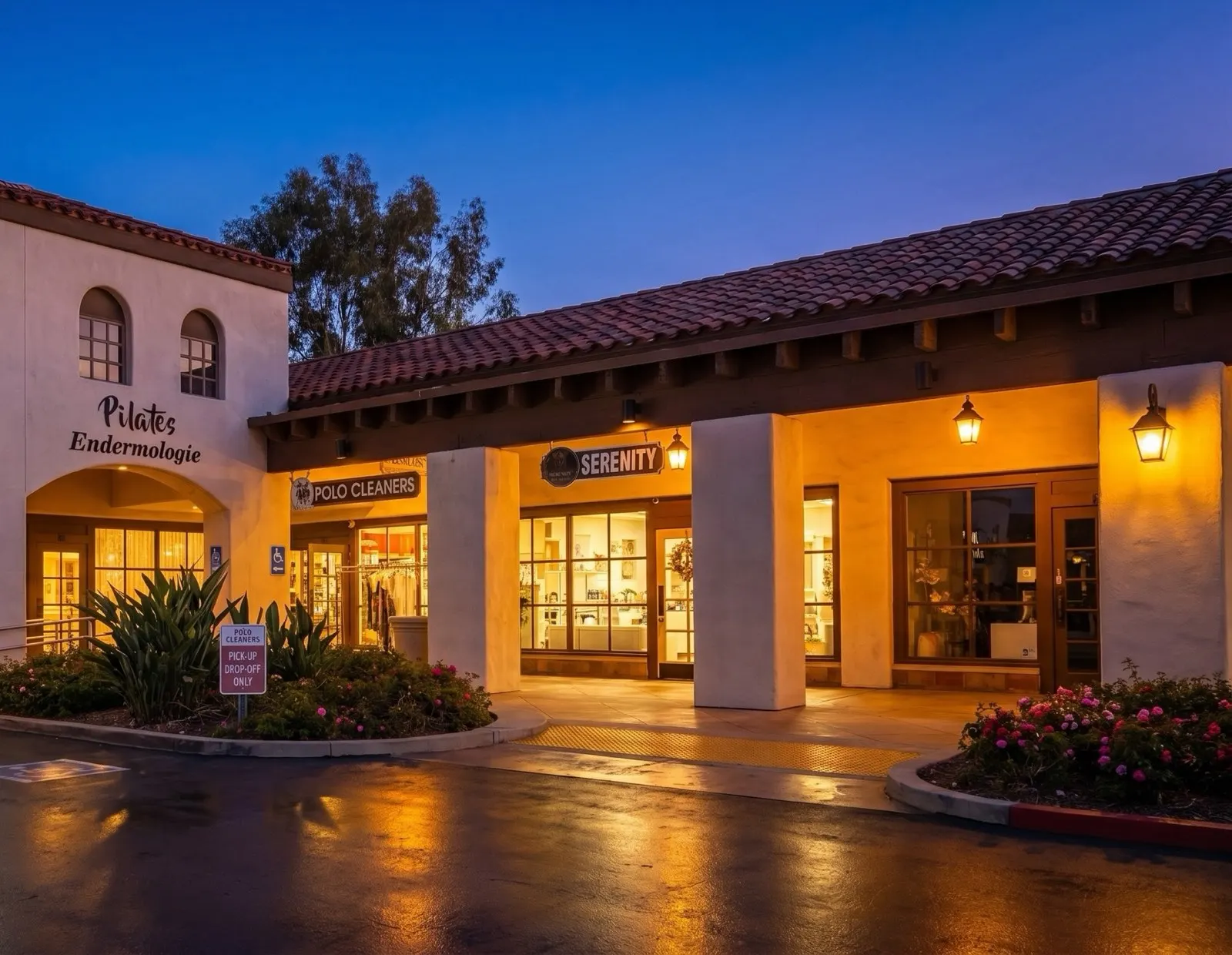 Marbella Plaza storefronts illuminated at twilight