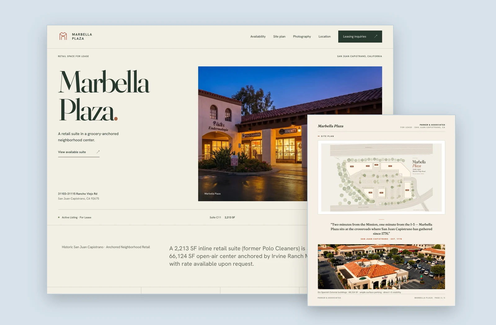 Marbella Plaza property website, with the site plan page of its leasing brochure