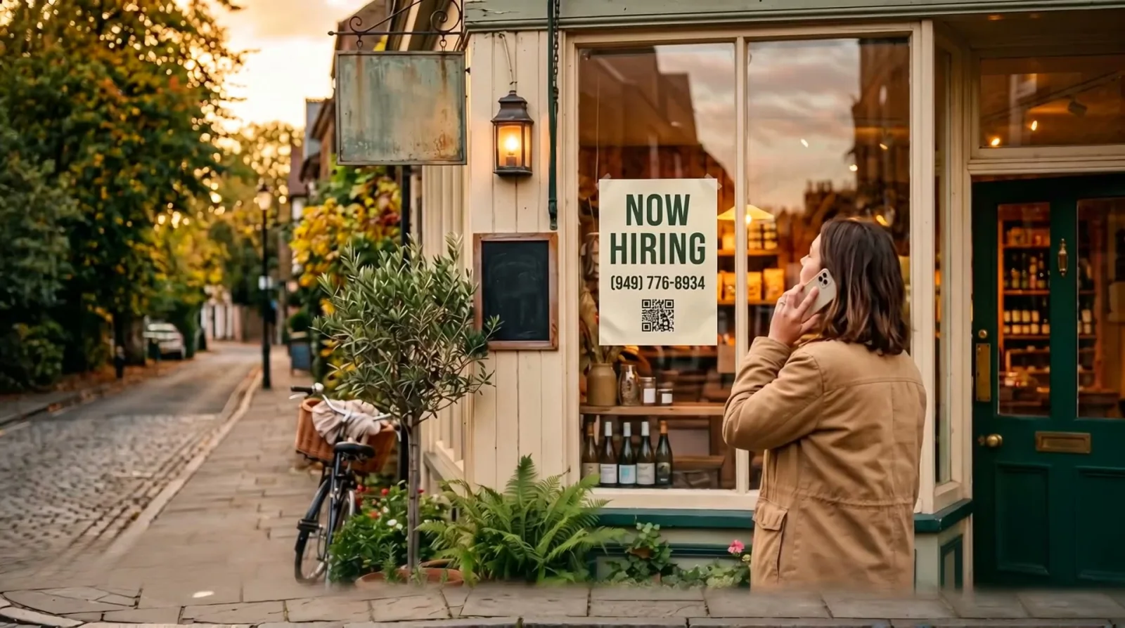 Now hiring sign with phone number and QR code in a shop window