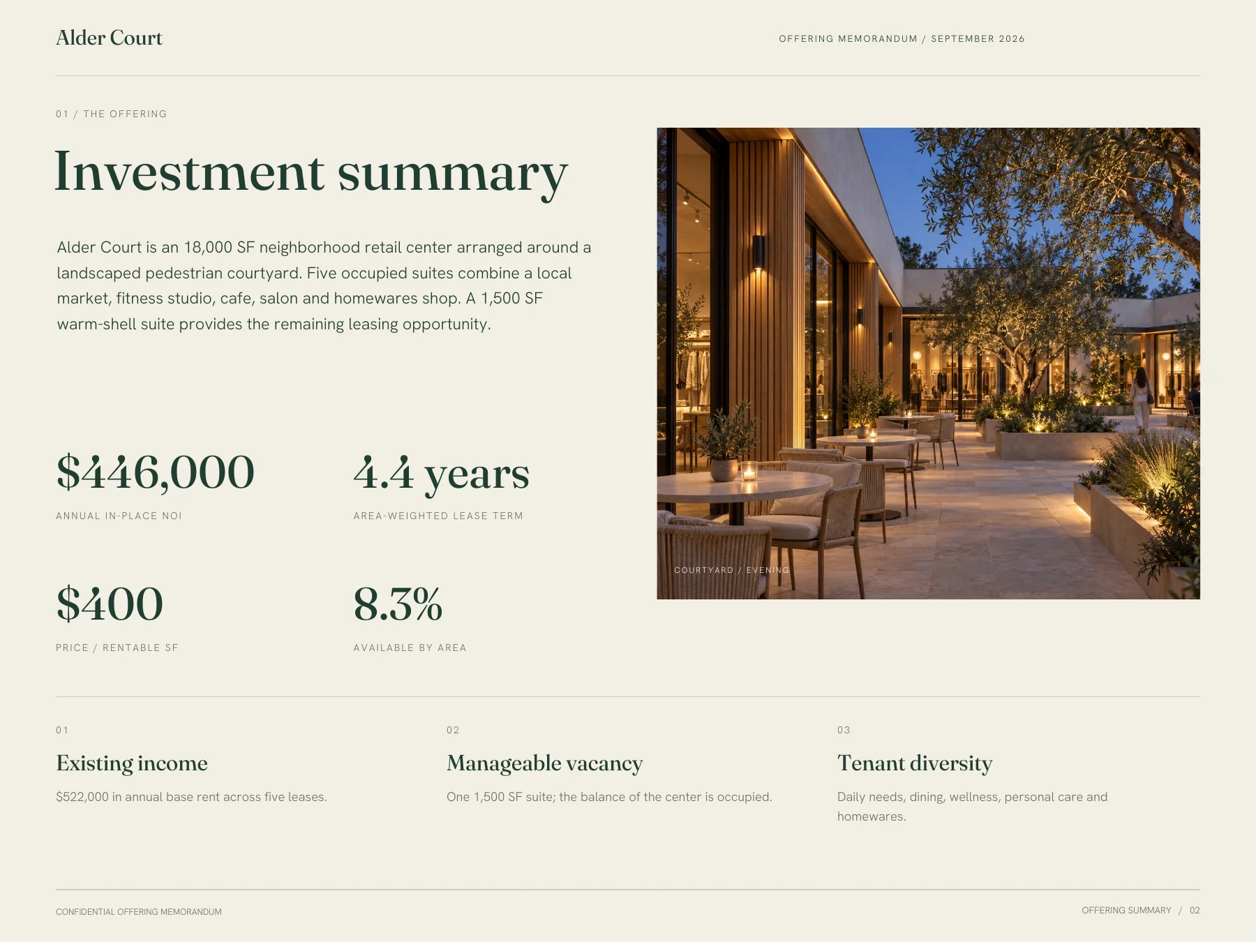 Alder Court sample offering memorandum, page 2: Investment summary