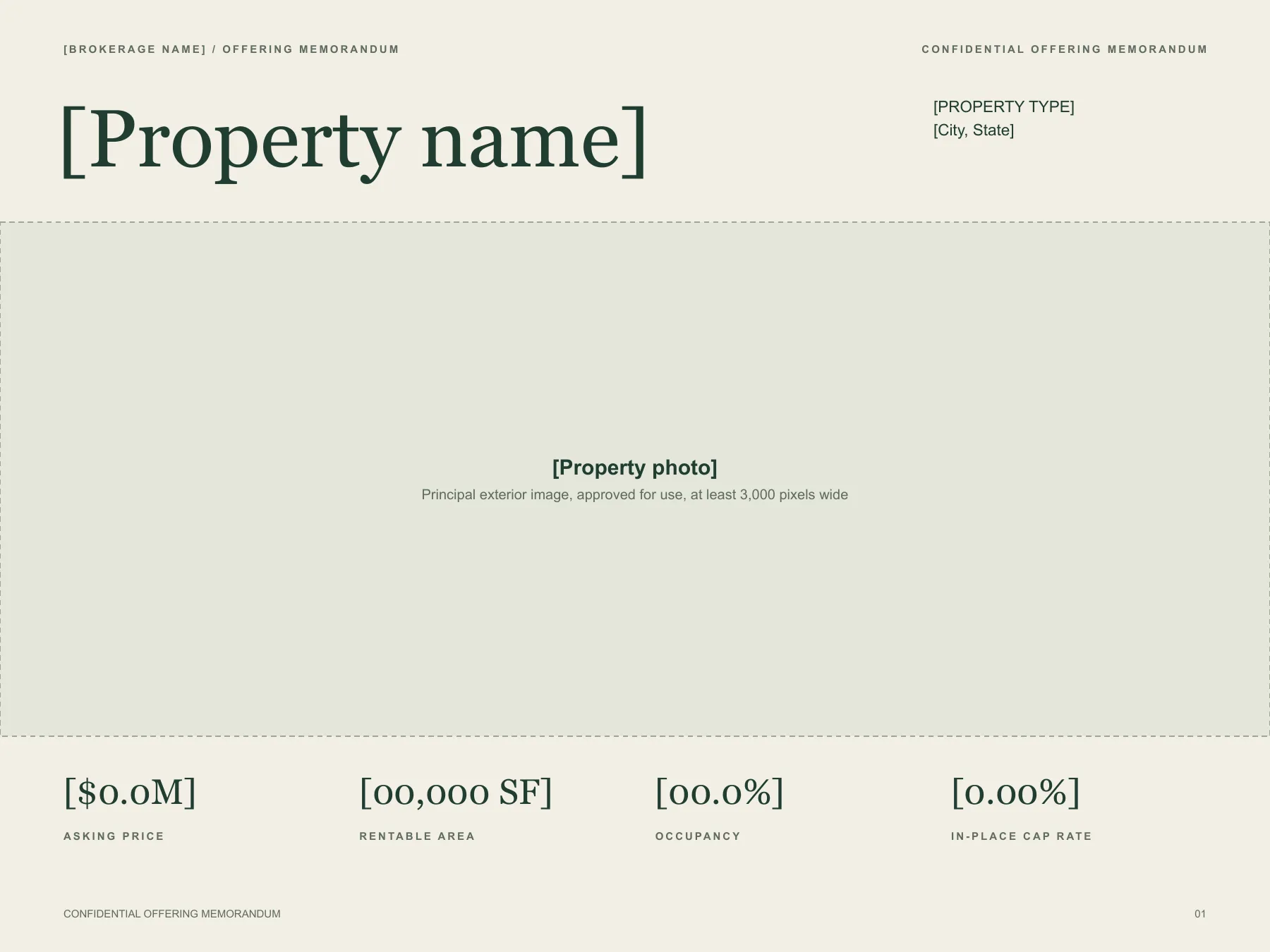 Offering memorandum template cover with a property name placeholder, a labeled photo box, and placeholders for asking price, rentable area, occupancy and cap rate