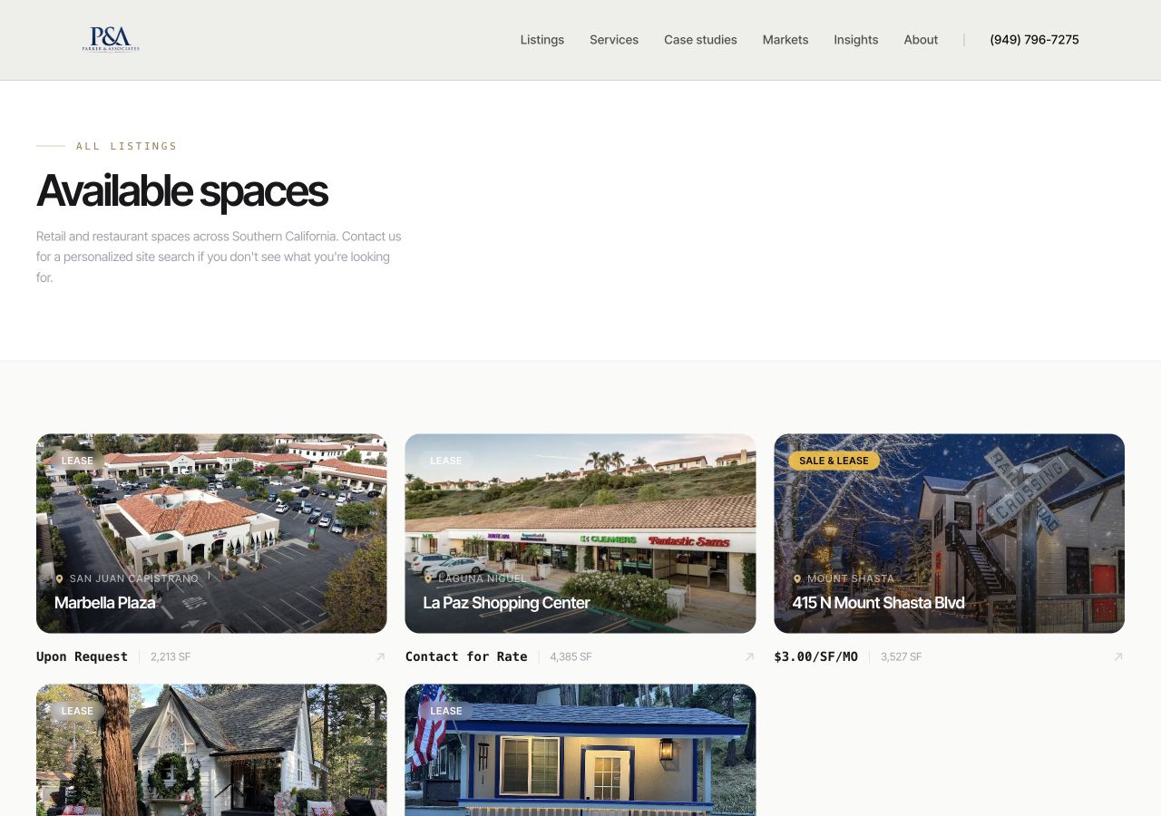 Parker and Associates listings page showing available properties