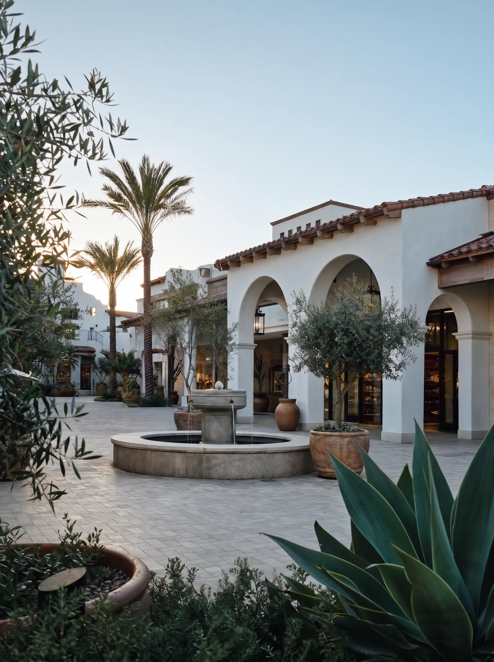 Courtyard fountain and arcade at a Spanish Colonial retail center at dusk