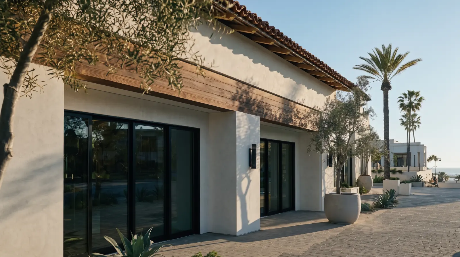 Storefront glazing and palms on a coastal Southern California retail facade