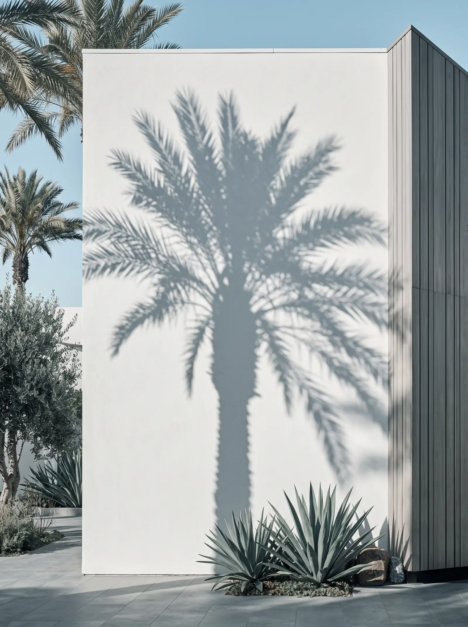 Palm shadow across a photographed retail facade in Southern California